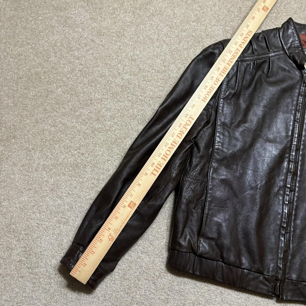 Overland Sheepskin Co Jacket Womens 10 Brown Leather Bomber Full Zip Collared - Picture 8 of 12